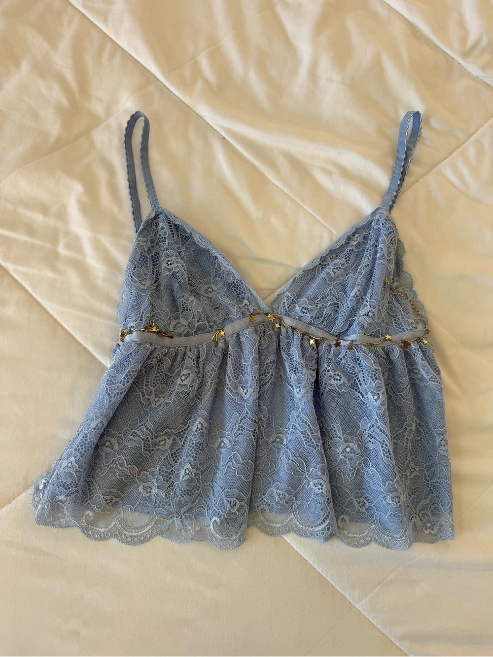 Garage Light Blue Lace Babydoll Camisole with Gold Star Trim
